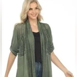 Simply Couture Sage Green Tab Sleeve Knit Lace Peacock Open Cardigan